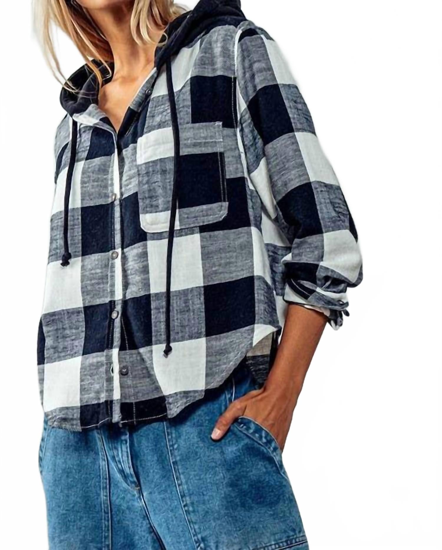 Черная клетчатая рубашка с капюшоном LOVE TREE 
Черная клетчатая рубашка с капюшоном LOVE TREE