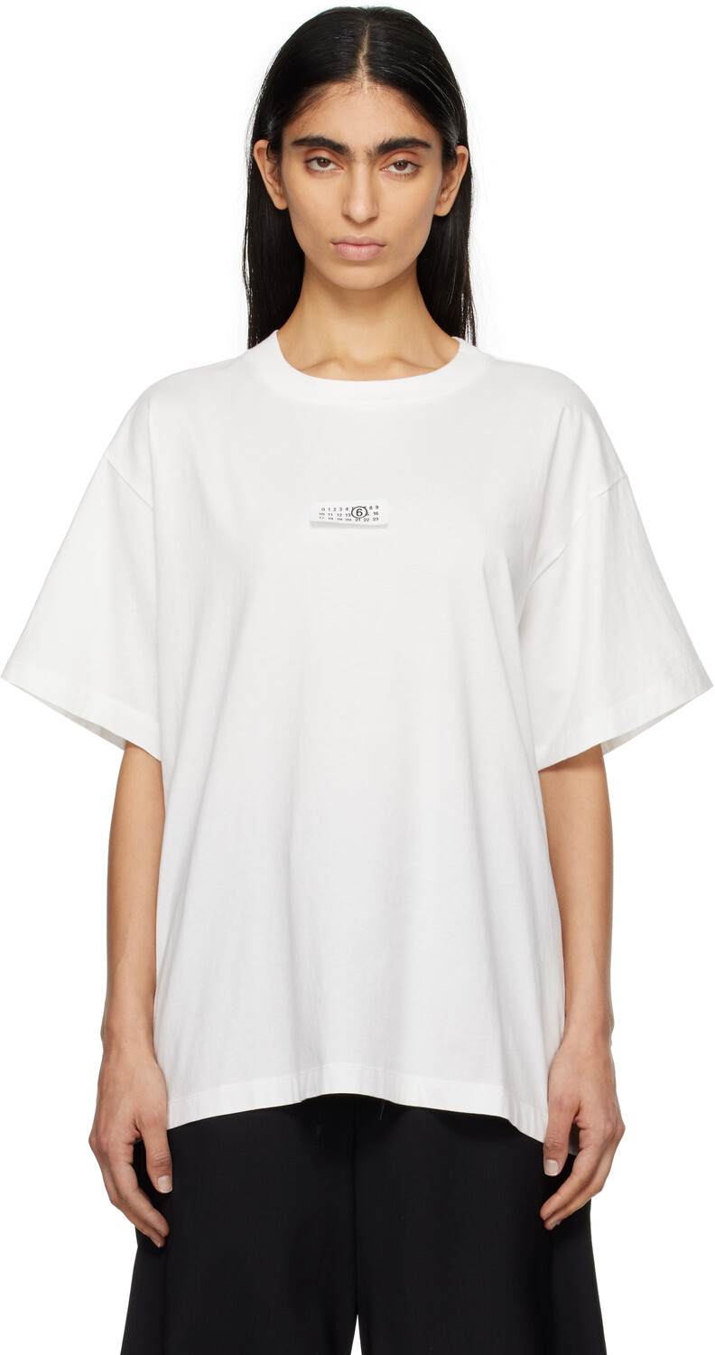 Белая футболка с нашивкой-логотипом MM6 Maison Margiela, кремовый 
Белая футболка с нашивкой-логотипом MM6 Maison Margiela, кремовый