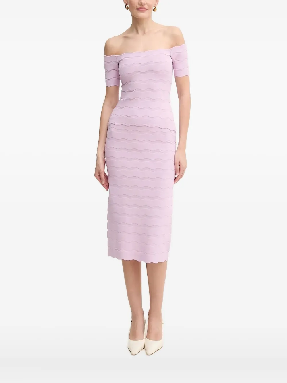 Топ с открытыми плечами и волнистой текстурой Hervé Léger, фиолетовый 
Топ с открытыми плечами и волнистой текстурой Hervé Léger, фиолетовый