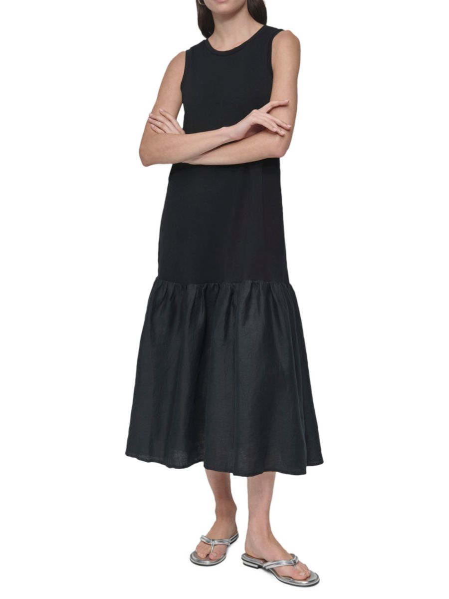 Платье миди без рукавов из смешанной техники DKNY, черный
Платье миди без рукавов из смешанной техники DKNY, черный