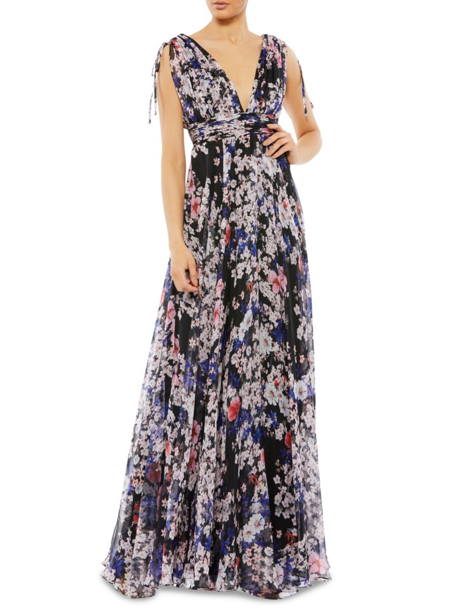 Платье А-силуэта с плиссировкой и завышенной талией, с цветочным принтом Mac Duggal, черный мульти 
Платье А-силуэта с плиссировкой и завышенной талией, с цветочным принтом Mac Duggal, черный мульти