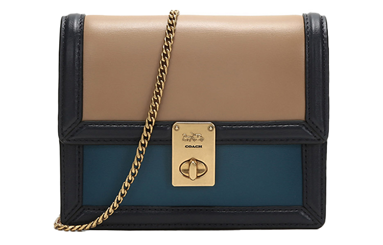 COACH Маленькая квадратная сумка из телячьей кожи Сумка с цепочкой Сумка через плечо Кроссбоди Поясная сумка Женская обычная Лазурно-голубой Оранжевый