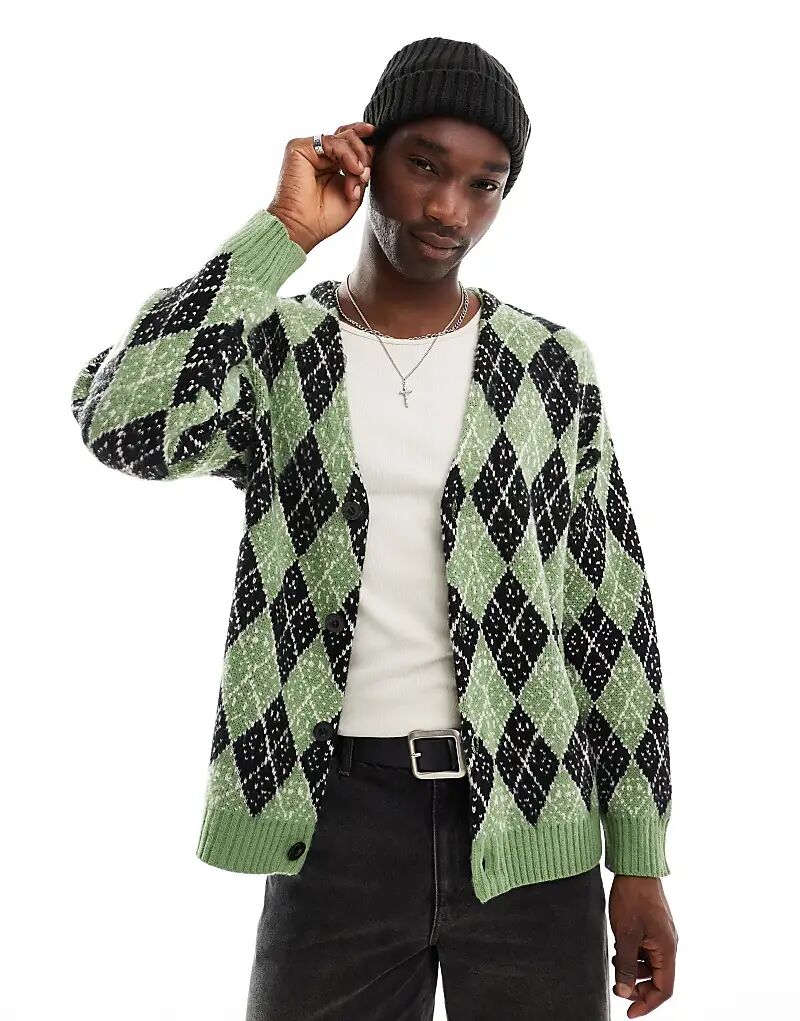 Кардиган жаккардовой вязки с узором «аргайл» зеленого и черного цветов The Ragged Priest
Кардиган жаккардовой вязки с узором «аргайл» зеленого и черного цветов The Ragged Priest