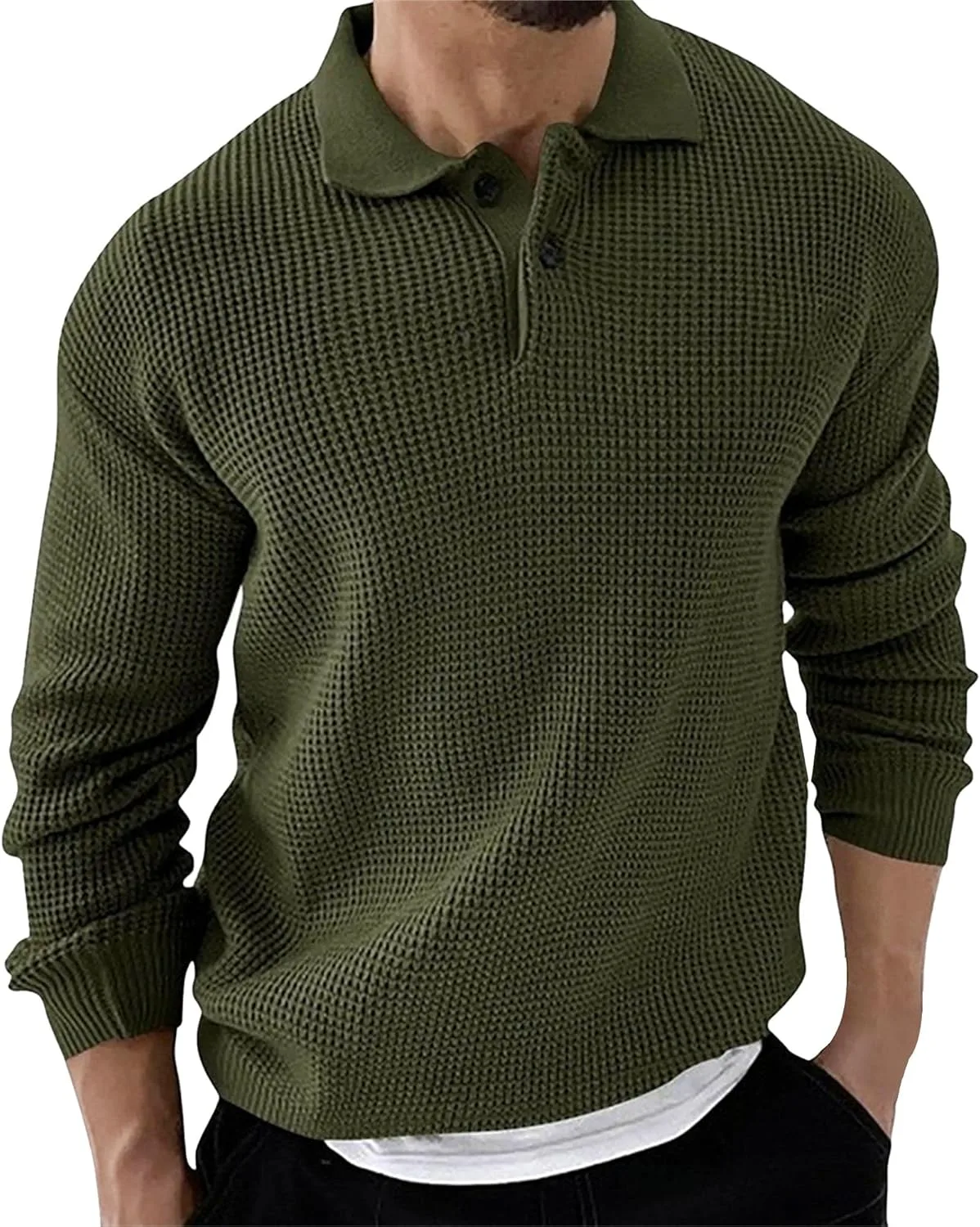 Мужская вязаная поло с длинным рукавом и вафельной текстурой
Мужская вязаная поло с длинным рукавом и вафельной текстурой
