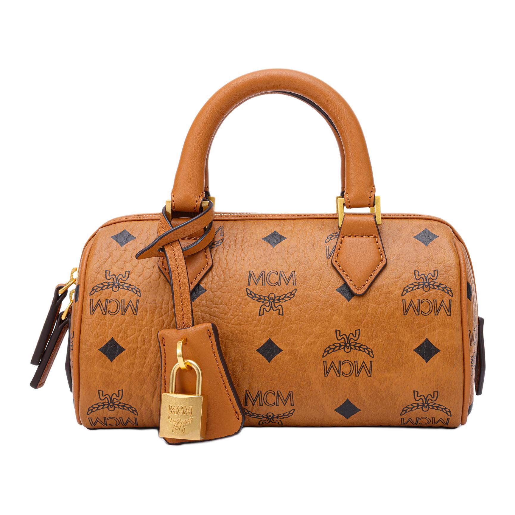 Сумка-шоппер Ella из холста с кожаными вставками, через плечо, кросс-боди, миниатюрная женская, коричневая и коньячная MCM