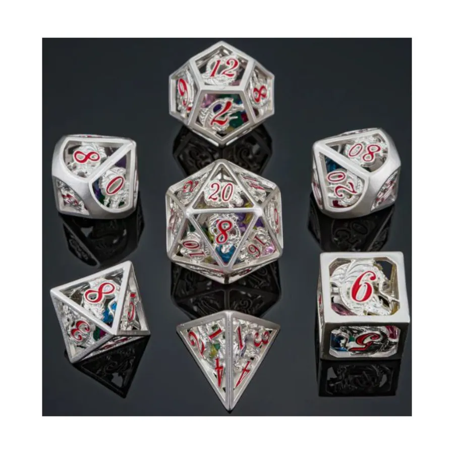Полигональный набор «Полый дракон, наполненный драгоценными камнями» (7) — серебристый с красным, Dice & Accessories (HYMGHO Dice)
Полигональный набор «Полый дракон, наполненный драгоценными камнями» (7) — серебристый с красным, Dice & Accessories (HYMGHO Dice)