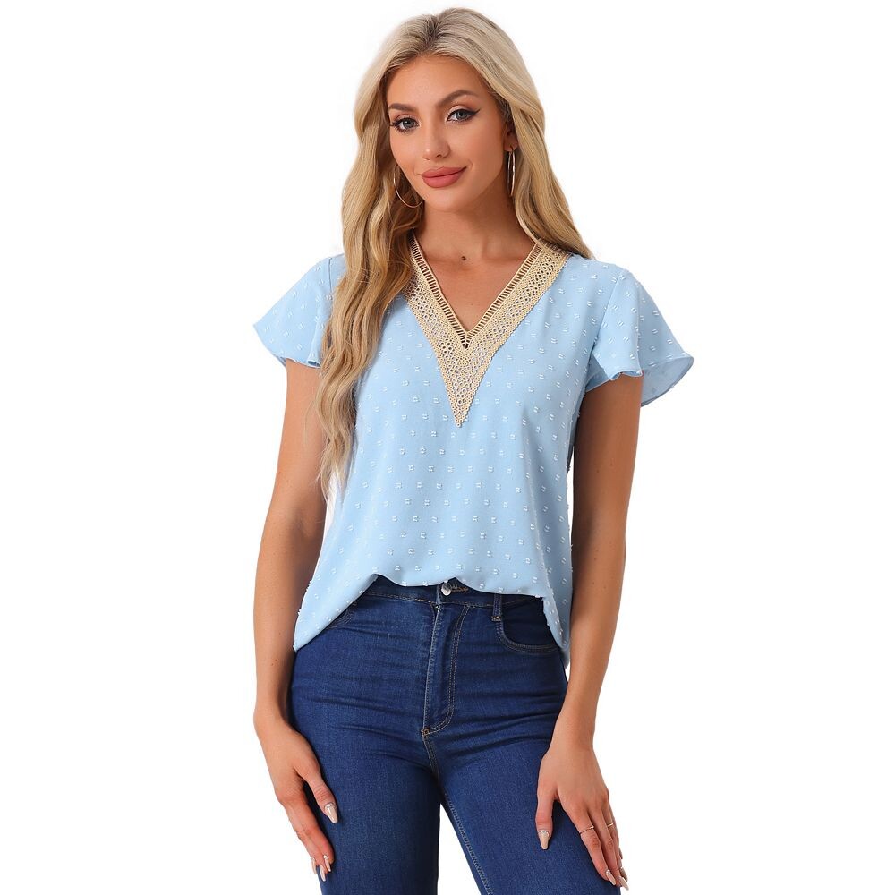 Блузка с v-образным вырезом для женщин, кружевные топы в горошек с кружевными крючками и оборками на рукавах ALLEGRA K, цвет Light Blue
Блузка с v-образным вырезом для женщин, кружевные топы в горошек с кружевными крючками и оборками на рукавах ALLEGRA K, цвет Light Blue