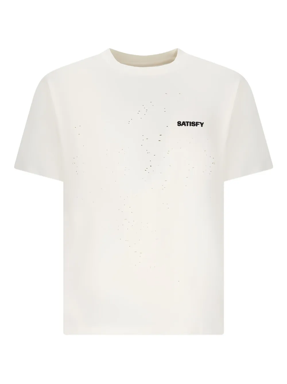 Футболка с принтом логотипа и потертостями Satisfy, белый 
Футболка с принтом логотипа и потертостями Satisfy, белый