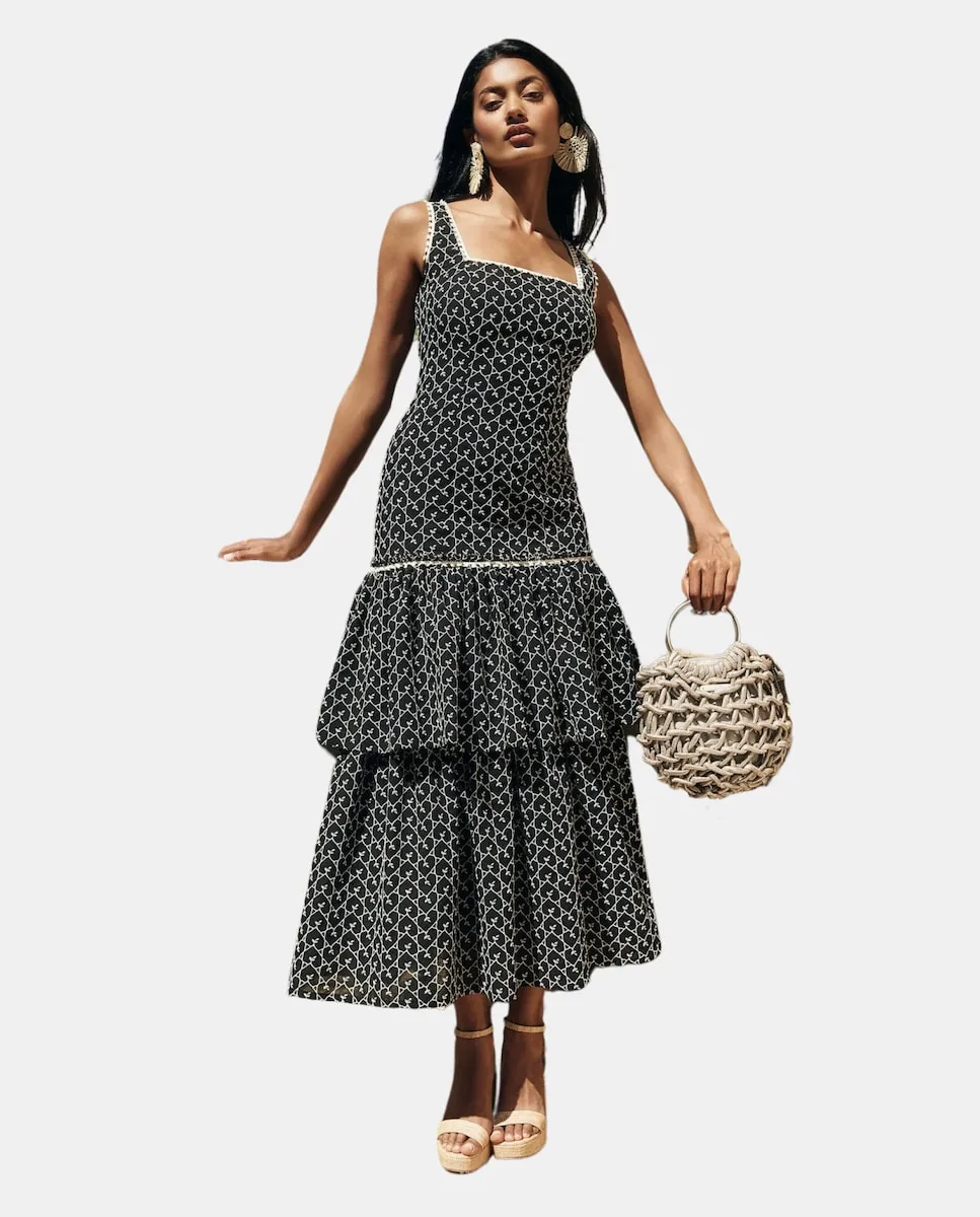 Миди-платье с двойным воланами и расклешением Miphai, черный 
Миди-платье с двойным воланами и расклешением Miphai, черный