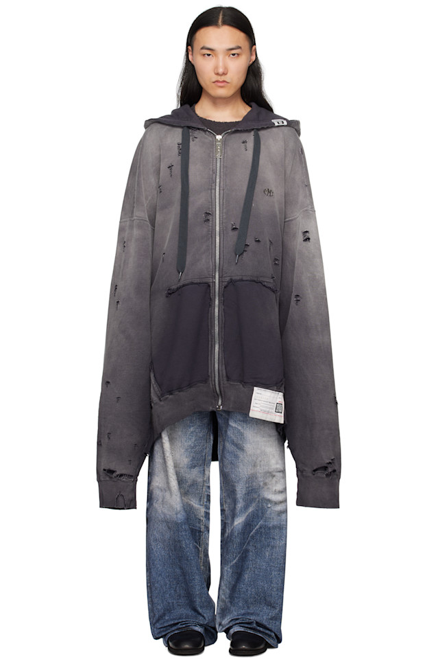 Выцветший худи с большой молнией Maison Mihara Yasuhiro, черный 
Выцветший худи с большой молнией Maison Mihara Yasuhiro, черный