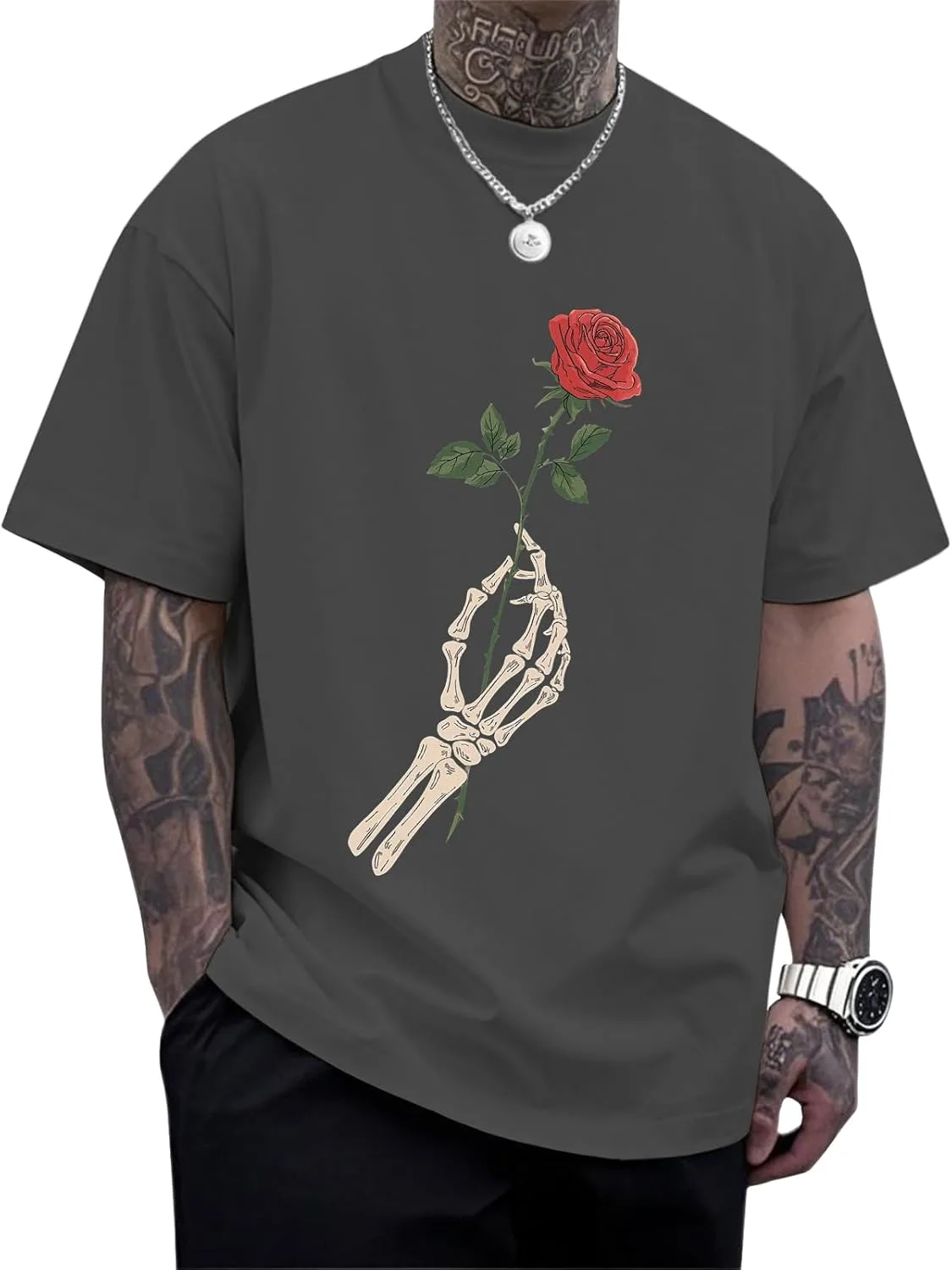 Мужская футболка оверсайз с принтом скелета и цветами
Мужская футболка оверсайз с принтом скелета и цветами