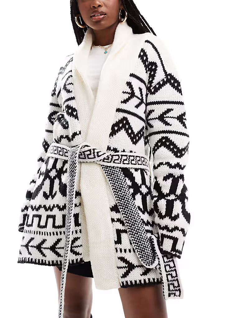 South Beach - Черно-белый жаккардовый кардиган с ацтекским принтом и поясом-завязкой
South Beach - Черно-белый жаккардовый кардиган с ацтекским принтом и поясом-завязкой