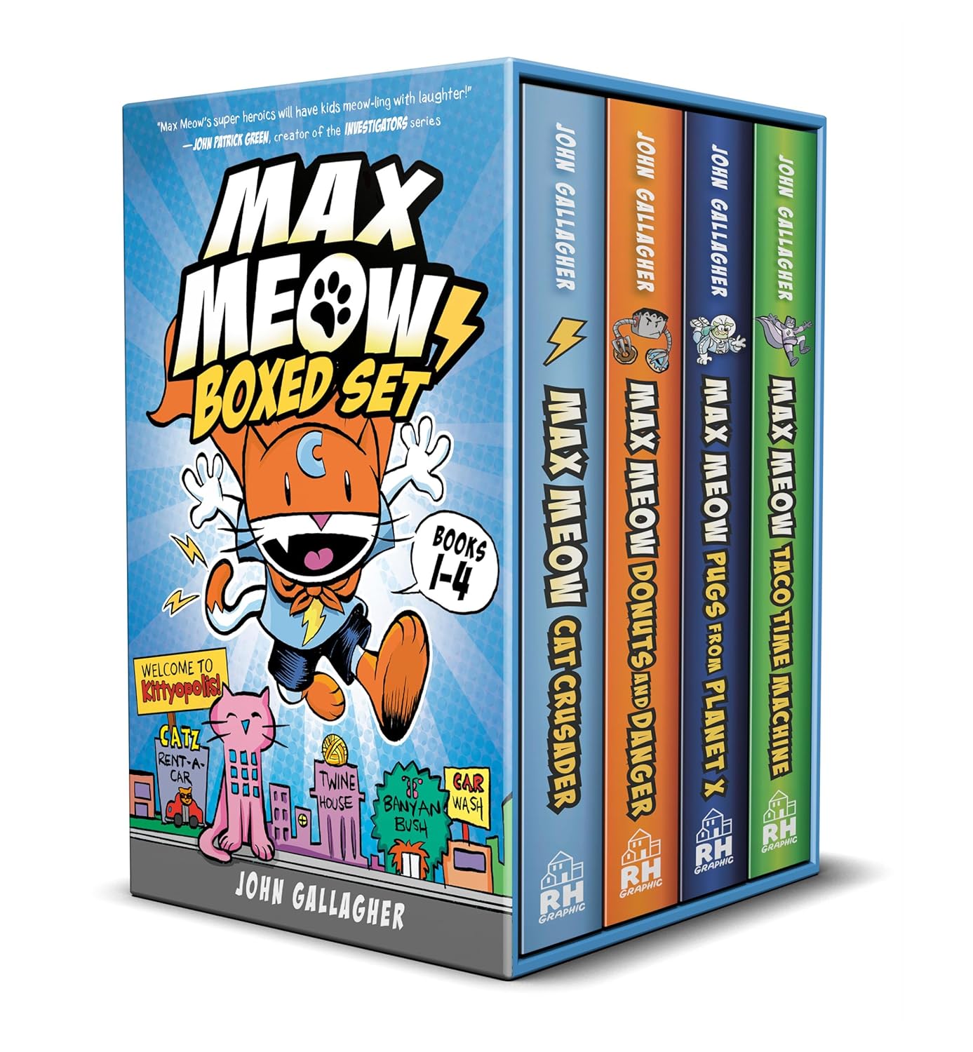 Max Meow Boxed Set: Welcome to Kittyopolis (Books 1-4): Max Meow 1: Cat Crusader; Max Meow 2: Donuts and Danger; Max Meow 3: Pugs from Planet X; Max ... Taco Time Machine (A Graphic Novel Boxed Set) (Random House Graphic)
Max Meow Boxed Set: Welcome to Kittyopolis (Books 1-4): Max Meow 1: Cat Crusader; Max Meow 2: Donuts and Danger; Max Meow 3: Pugs from Planet X; Max ... Taco Time Machine (A Graphic Novel Boxed Set) (Random House Graphic)