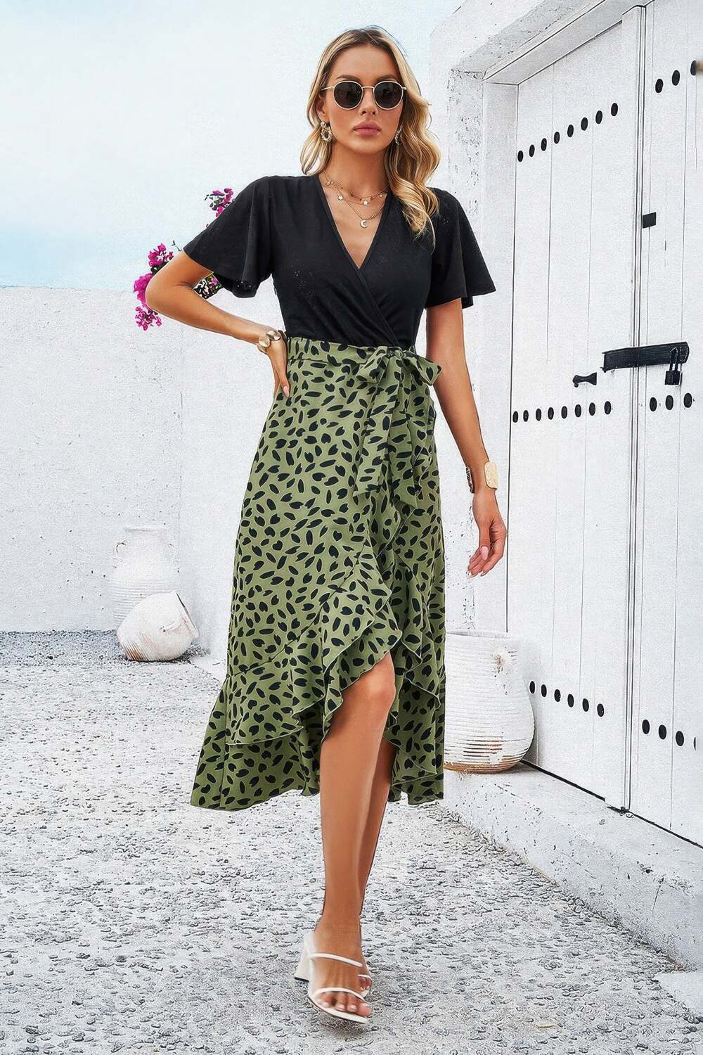 Кросс цветной блок кружевной V-образный вырез пояс принт платье TRUEDAMES, зеленый