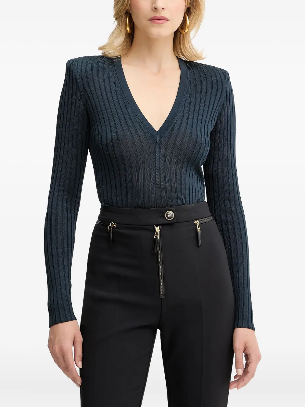 Трикотаж в рубчик с V-образным вырезом Elisabetta Franchi, синий
Трикотаж в рубчик с V-образным вырезом Elisabetta Franchi, синий