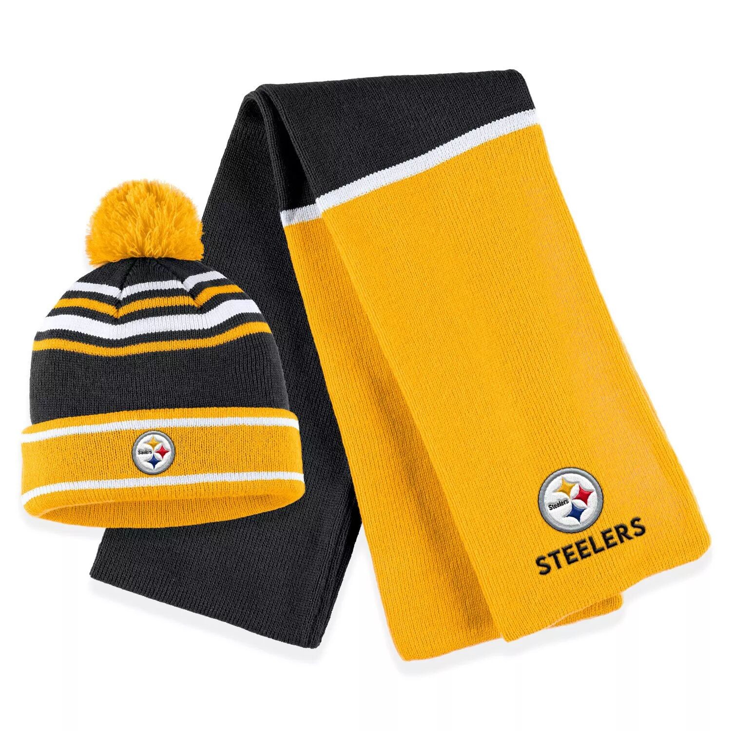 Женская одежда Erin Andrews Black Pittsburgh Steelers с цветными блоками, вязаная шапка с манжетами, помпоном и шарфом
Женская одежда Erin Andrews Black Pittsburgh Steelers с цветными блоками, вязаная шапка с манжетами, помпоном и шарфом