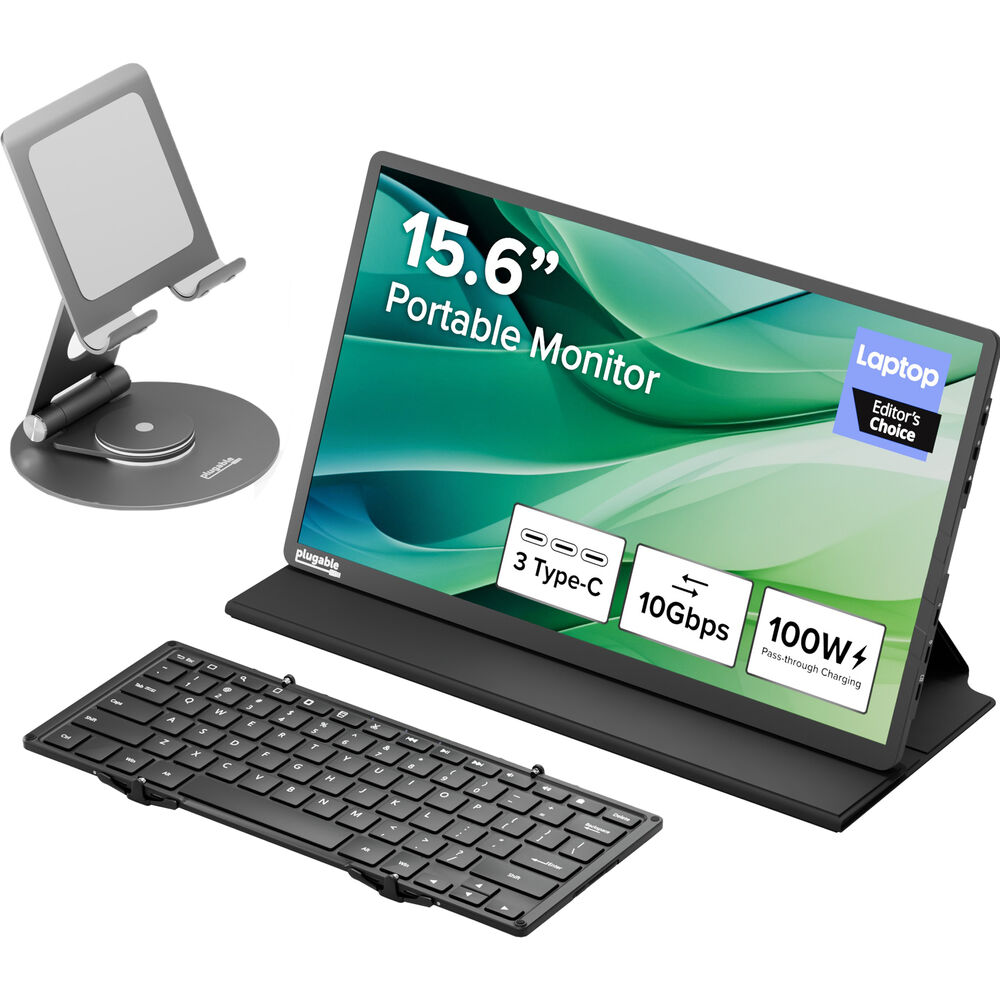 Портативный 15,6-дюймовый монитор USB-C с универсальной подставкой для планшета, Bluetooth-клавиатурой и чехлом Plugable 
Портативный 15,6-дюймовый монитор USB-C с универсальной подставкой для планшета, Bluetooth-клавиатурой и чехлом Plugable