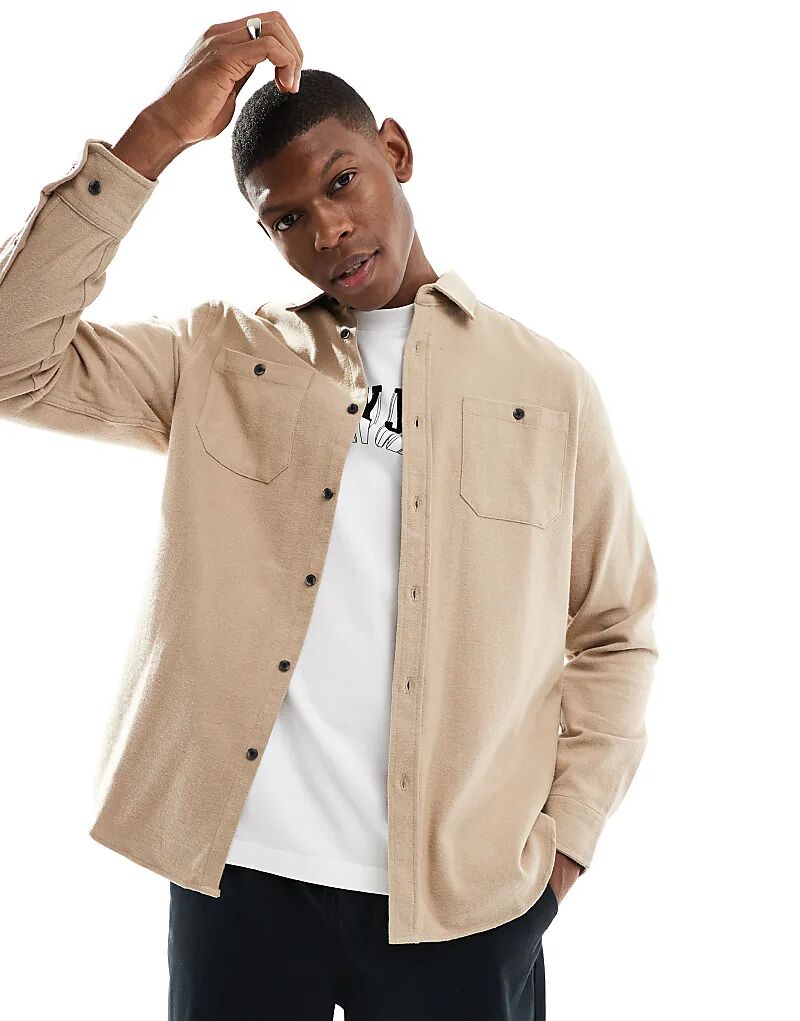 Верхняя рубашка из чесаной фланели цвета камня Threadbare
Верхняя рубашка из чесаной фланели цвета камня Threadbare