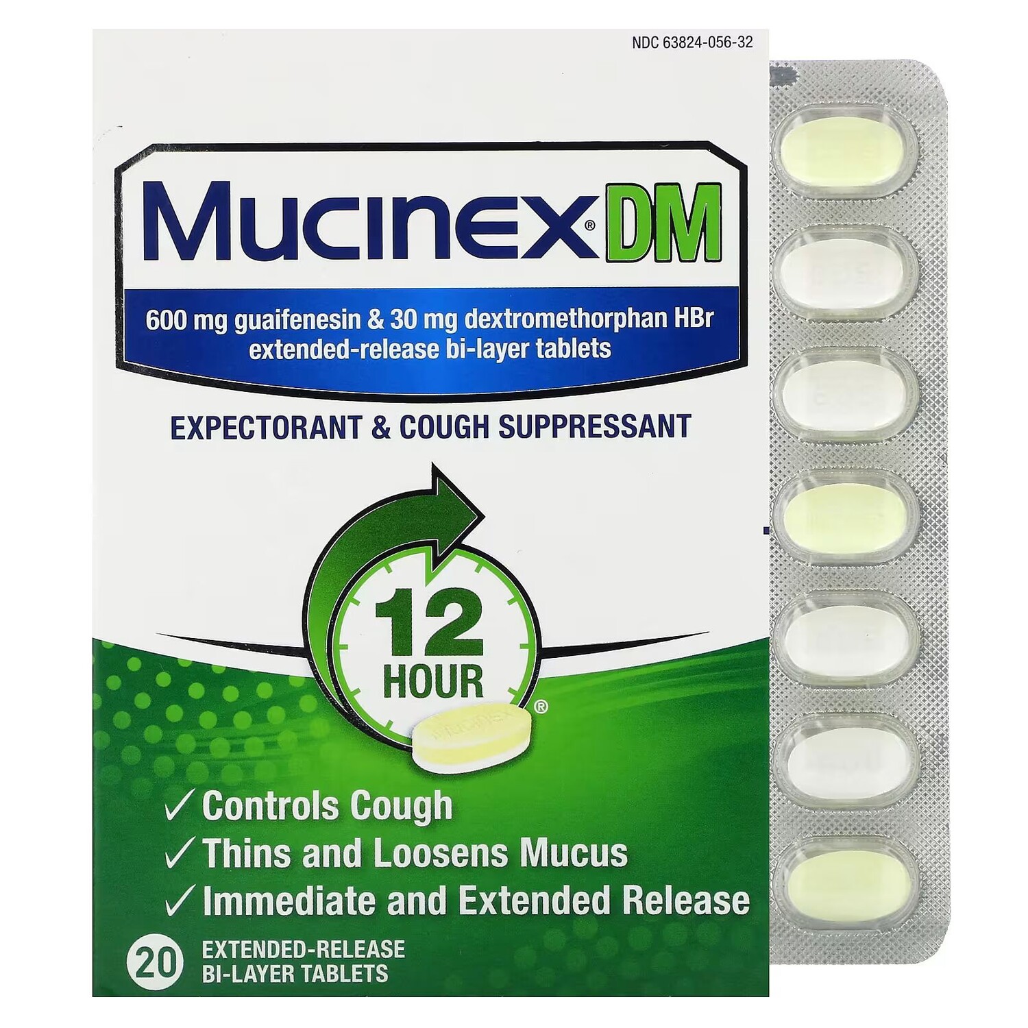 DM, 20 двухслойных таблеток пролонгированного действия Mucinex