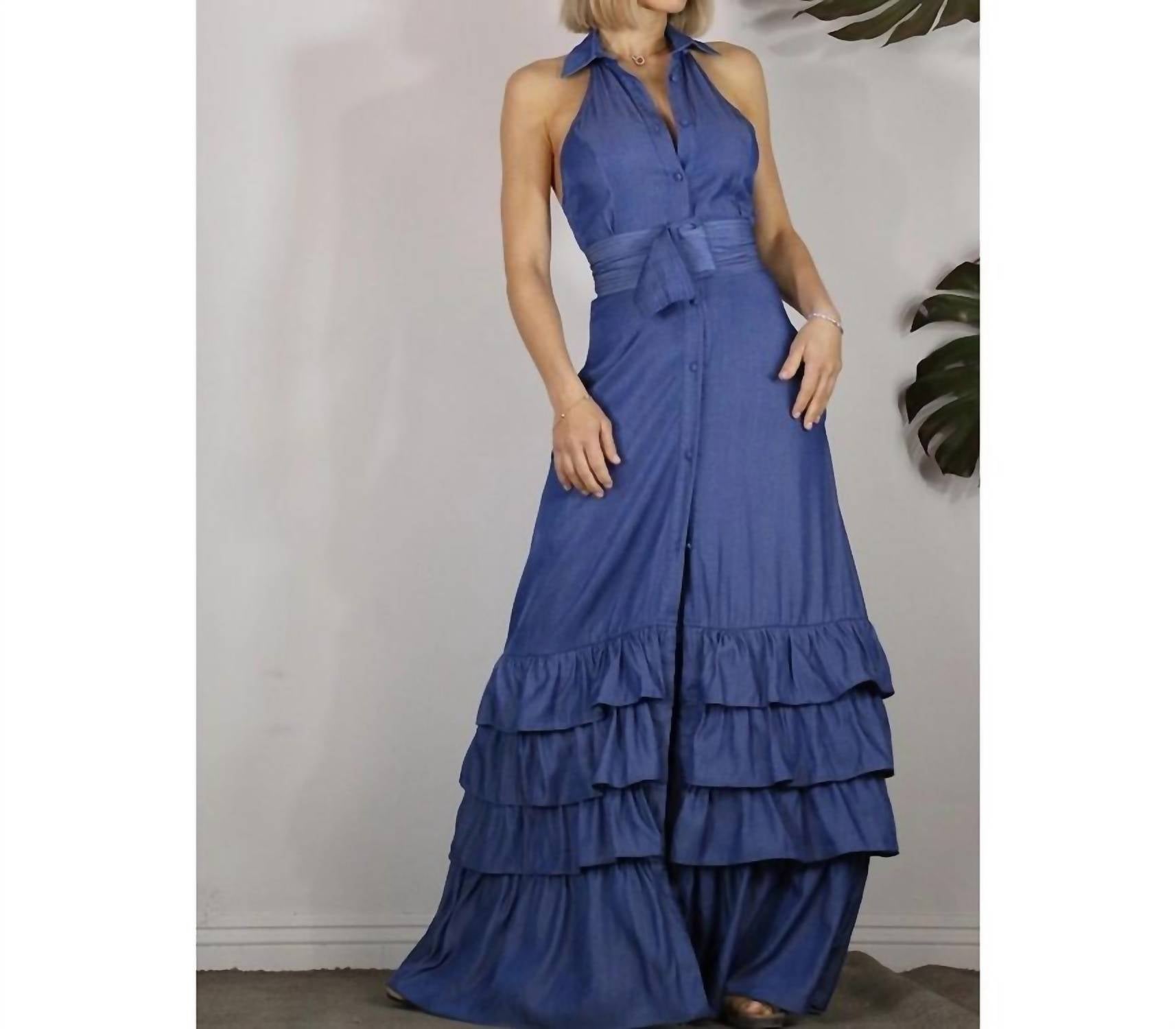 Платье с халтер-воротником и оборками цвета деним Mulla, Denim Blue
Платье с халтер-воротником и оборками цвета деним Mulla, Denim Blue