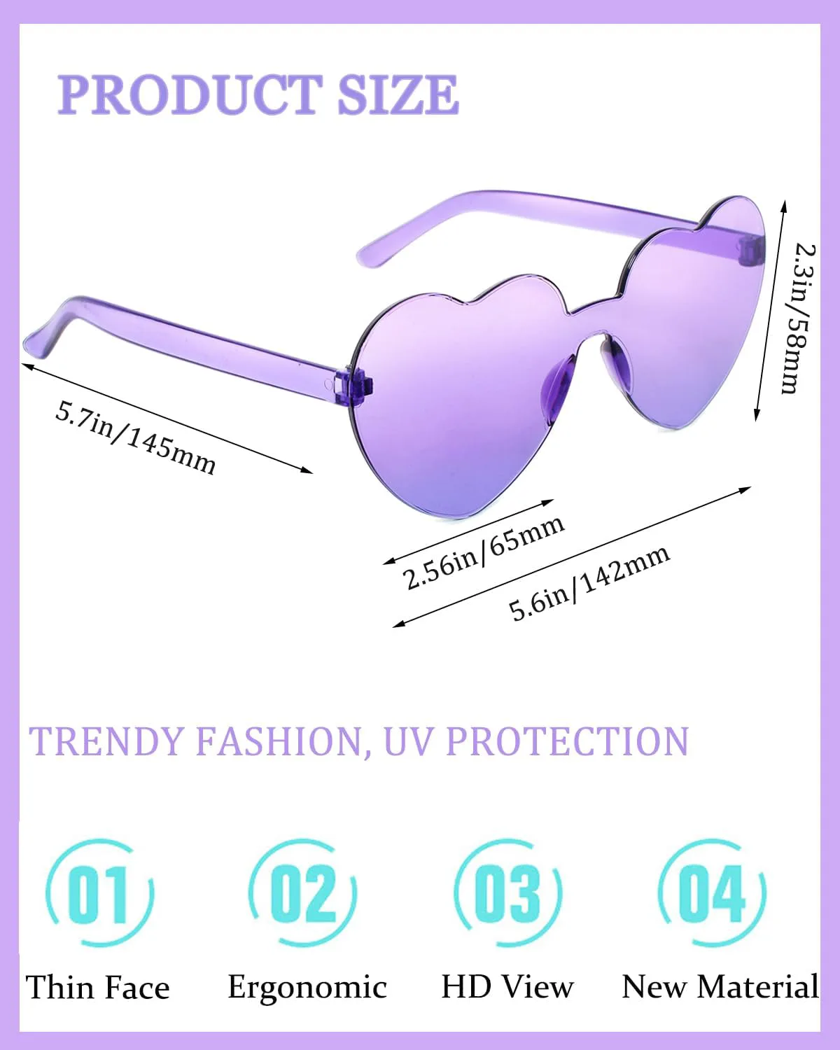 Солнцезащитные очки в форме сердца для женщин. Модные солнцезащитные очки без оправы, прозрачные, яркие, для вечеринок в стиле рейв ayigu, (4 Pack) Purple
Солнцезащитные очки в форме сердца для женщин. Модные солнцезащитные очки без оправы, прозрачные, яркие, для вечеринок в стиле рейв ayigu, (4 Pack) Purple