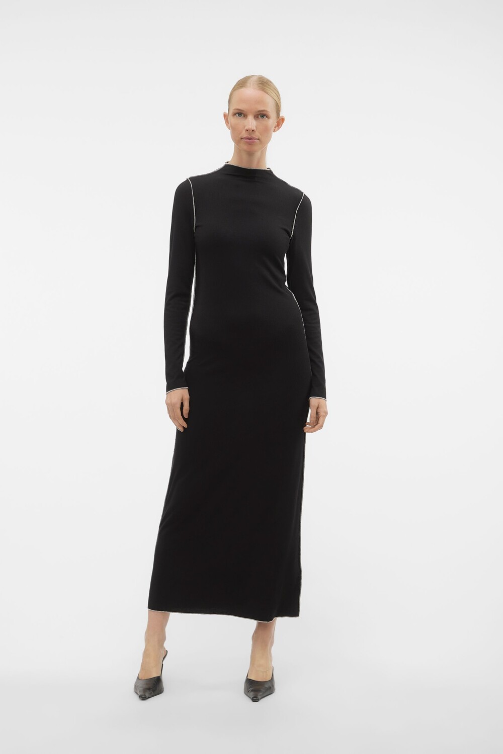 Платье макси из рубчатого джерси с длинными рукавами и контрастной строчкой Vero Moda, черный