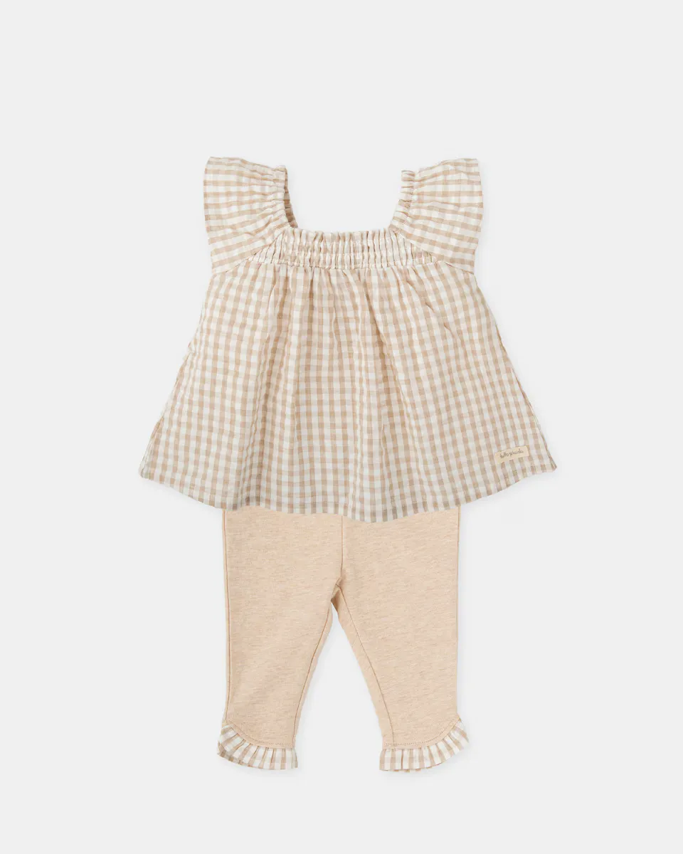 Комплект для девочек из блузки в клетку песочного цвета и однотонных леггинсов Tutto Piccolo, бежевый
Комплект для девочек из блузки в клетку песочного цвета и однотонных леггинсов Tutto Piccolo, бежевый