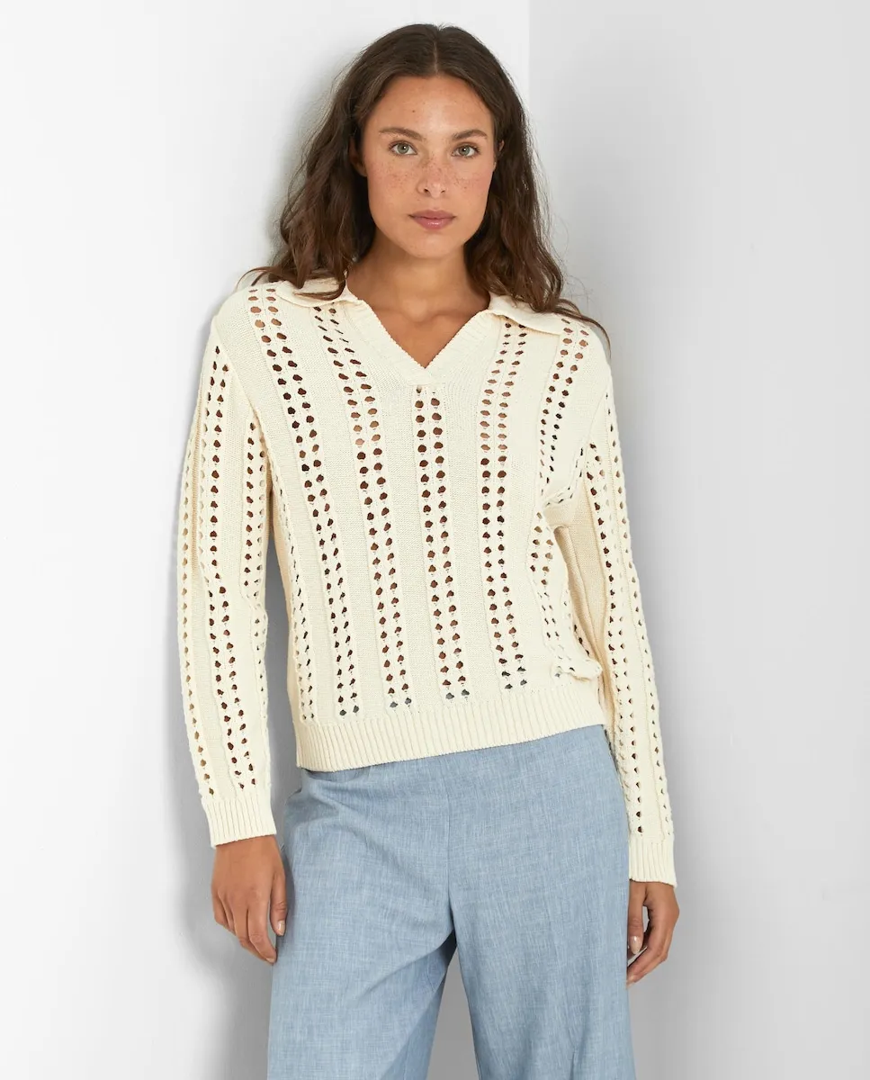 Женский ажурный свитер с V-образным вырезом на лацкане Trucco, цвет Crudo
Женский ажурный свитер с V-образным вырезом на лацкане Trucco, цвет Crudo