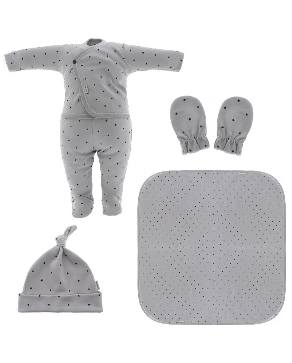Комплект для новорожденного из 5 предметов, первый наряд, 100% хлопок, со звездочками Cambrass, серый 
Комплект для новорожденного из 5 предметов, первый наряд, 100% хлопок, со звездочками Cambrass, серый