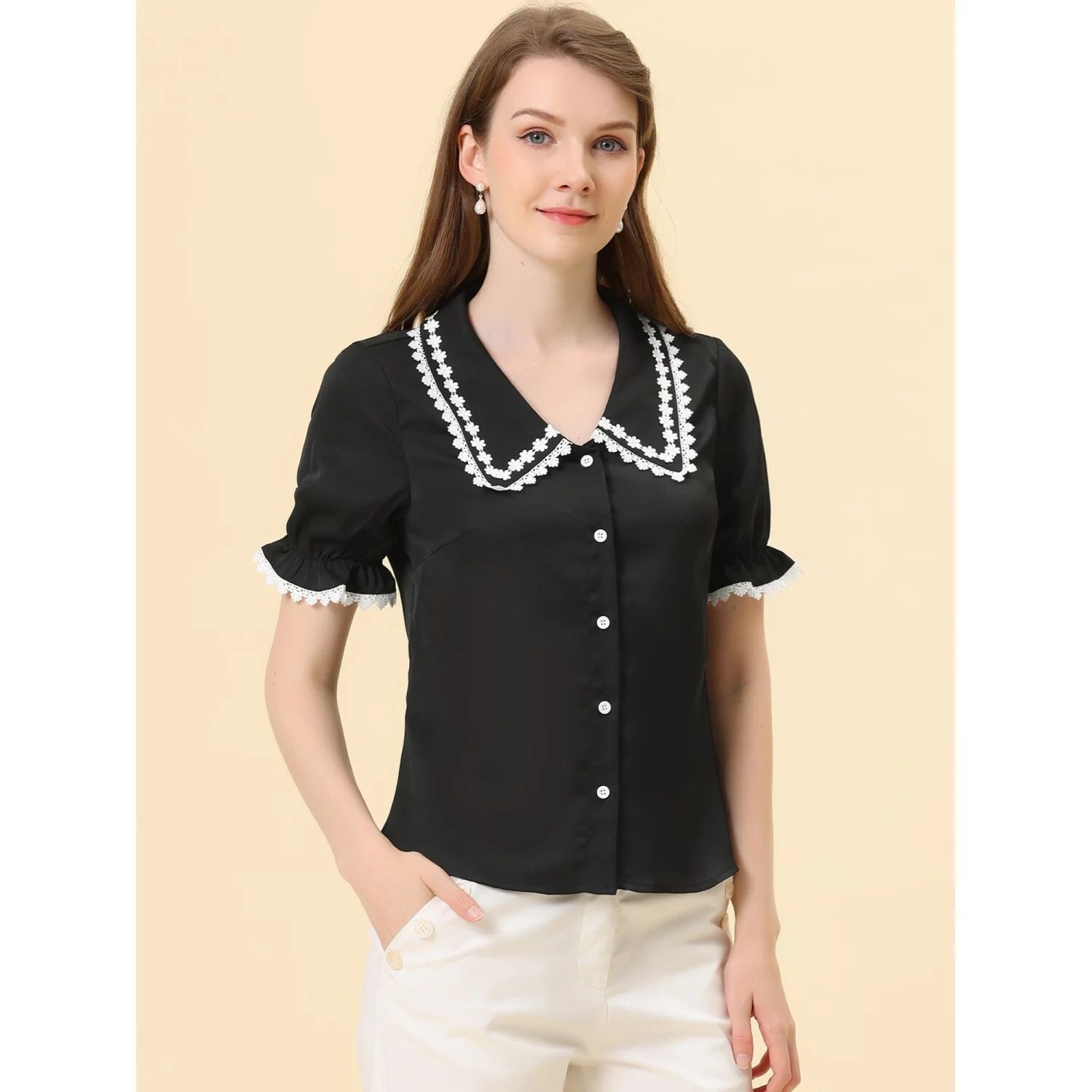 Женская милая блузка на пуговицах с контрастным воротником и короткими рукавами «Питер Пэн», топы ALLEGRA K, желтый
Женская милая блузка на пуговицах с контрастным воротником и короткими рукавами «Питер Пэн», топы ALLEGRA K, желтый