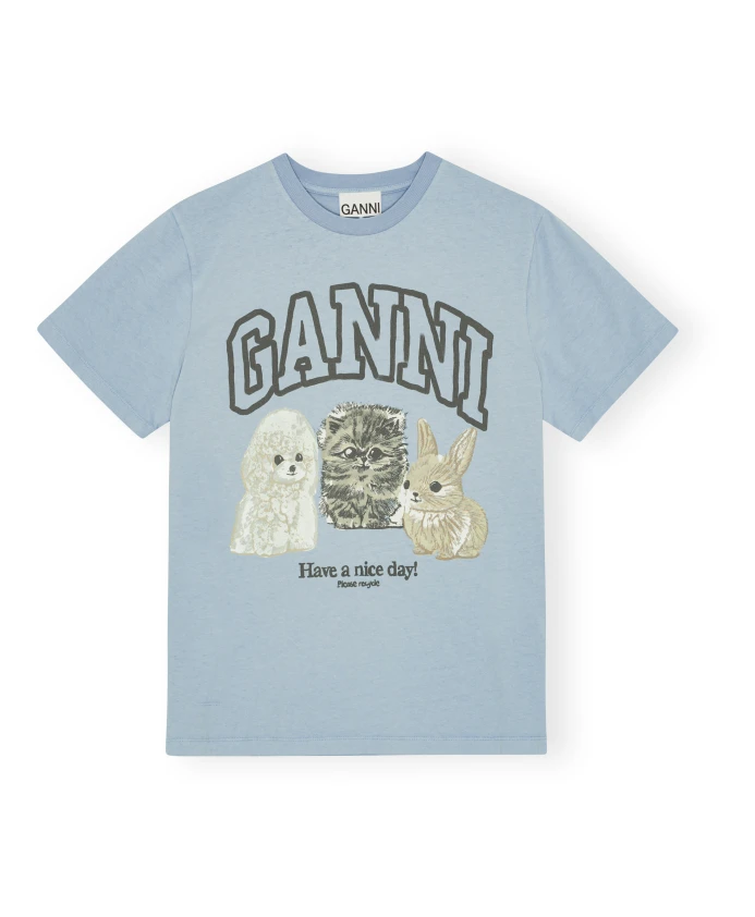 Хлопковая футболка с животным принтом Ganni, синий
Хлопковая футболка с животным принтом Ganni, синий