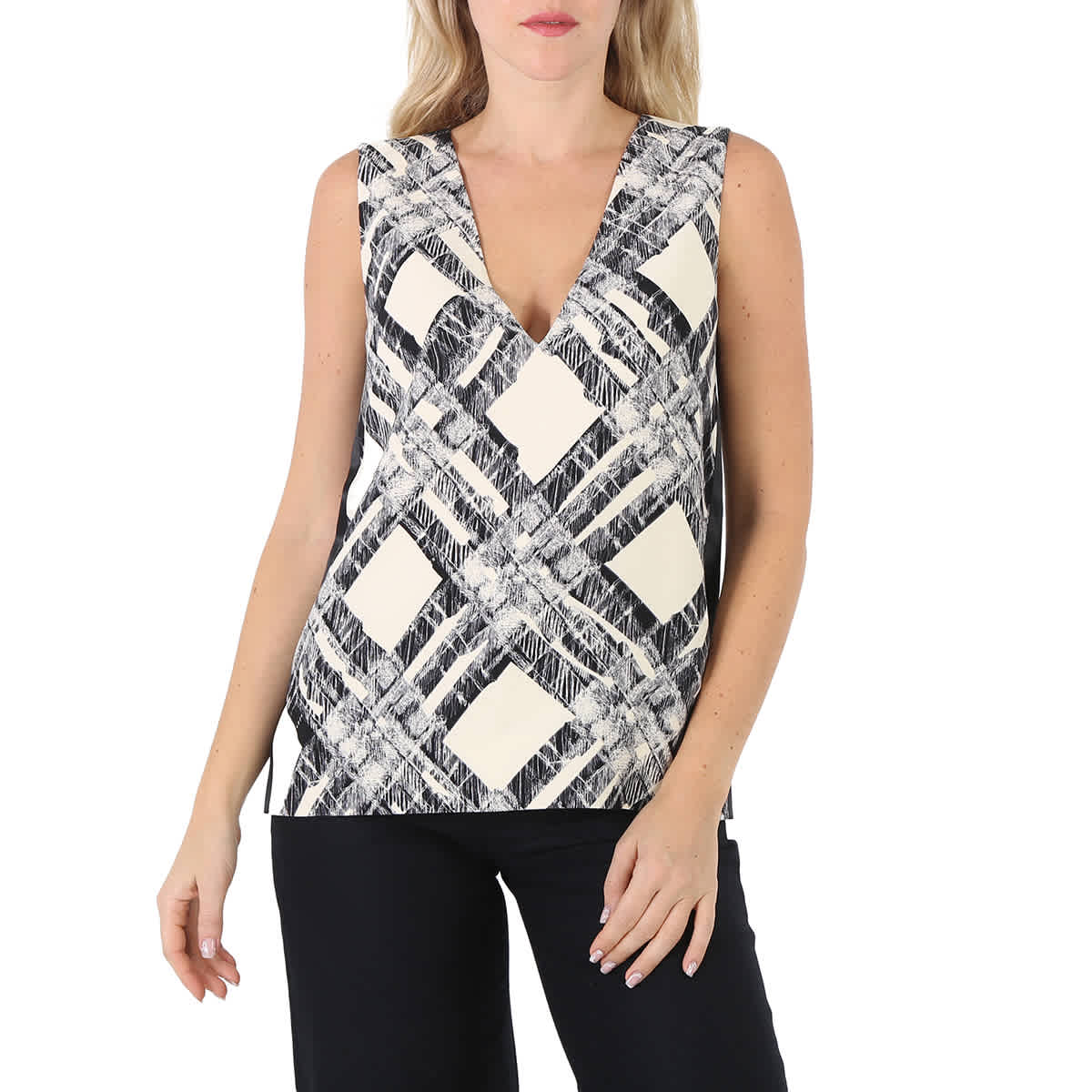 Burberry Женский топ с клетчатым принтом из шерсти и шелка с V-образным вырезом, Stone
Burberry Женский топ с клетчатым принтом из шерсти и шелка с V-образным вырезом, Stone