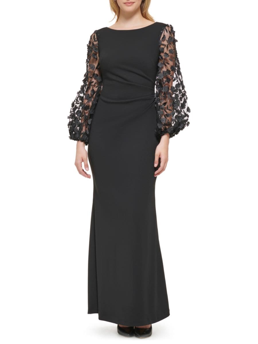 Креповое платье с рукавами-фонариками и цветочной сеткой Eliza J, черный 
Креповое платье с рукавами-фонариками и цветочной сеткой Eliza J, черный