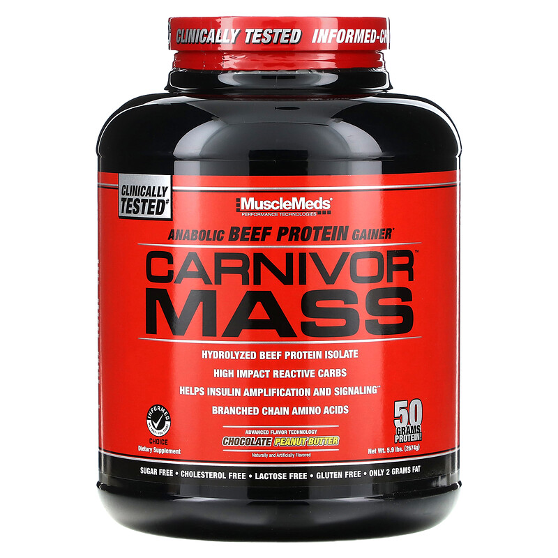 MuscleMeds, Carnivor Mass, анаболический гейнер с говяжьим протеином, шоколад и арахисовое масло, 2674 г (5,9 фунта)
MuscleMeds, Carnivor Mass, анаболический гейнер с говяжьим протеином, шоколад и арахисовое масло, 2674 г (5,9 фунта)