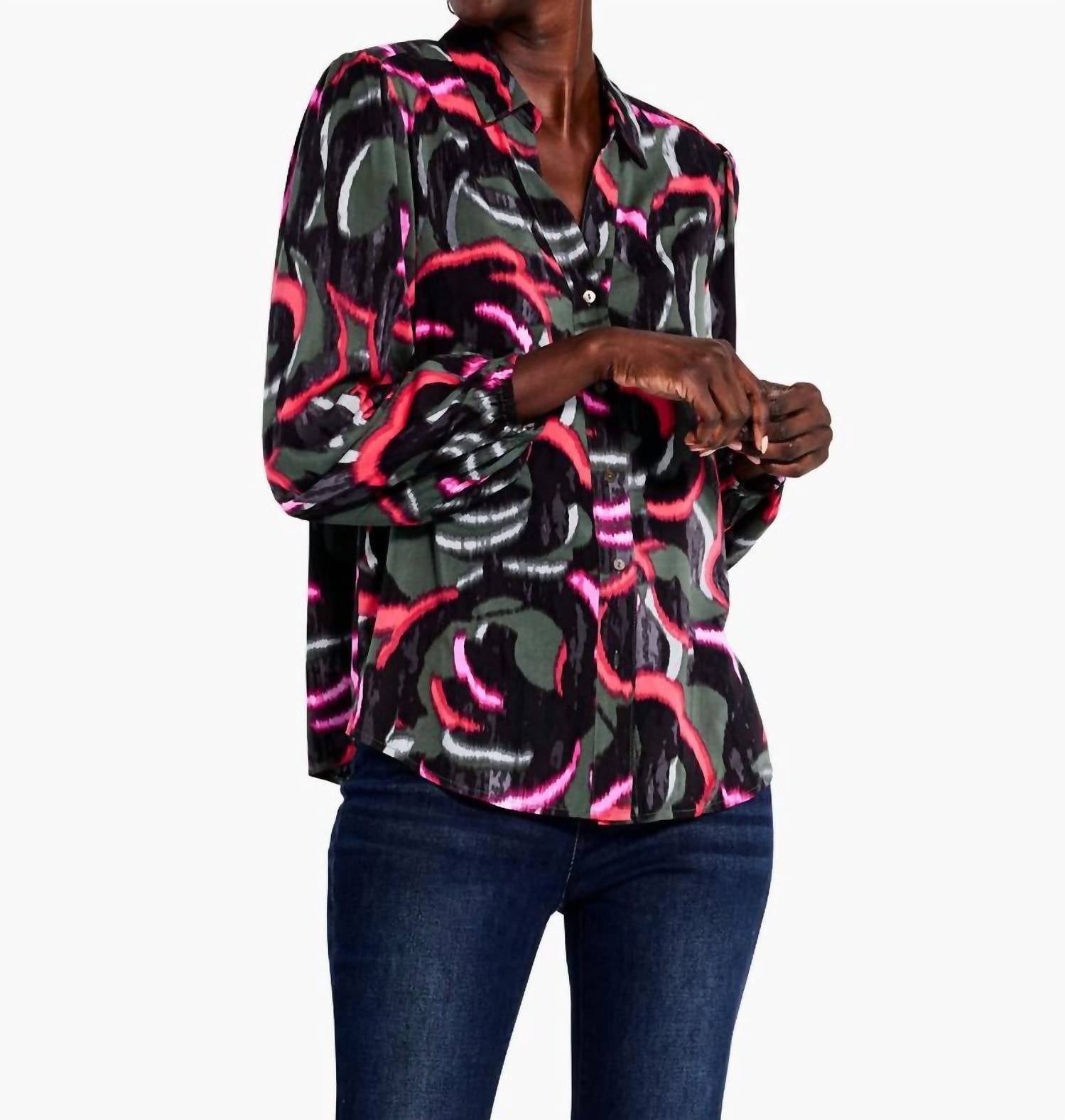 Блузка с рукавами-карандашами в оливково-зеленом мультиколоре Nic + Zoe 
Блузка с рукавами-карандашами в оливково-зеленом мультиколоре Nic + Zoe