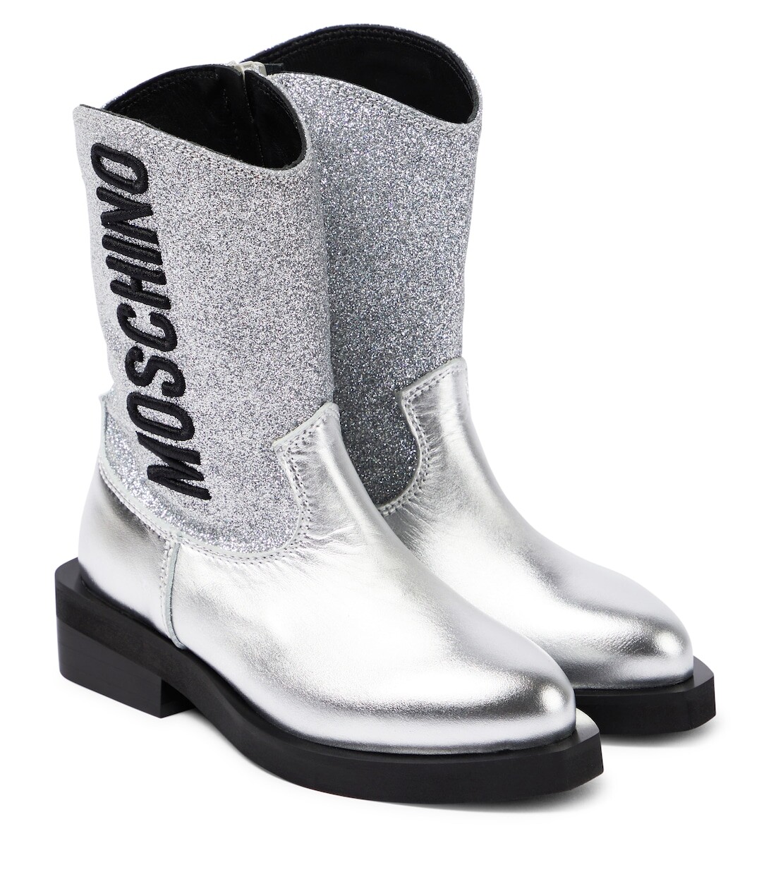 Ковбойские сапоги из кожи с блестками и логотипом Moschino, серебряный
Ковбойские сапоги из кожи с блестками и логотипом Moschino, серебряный