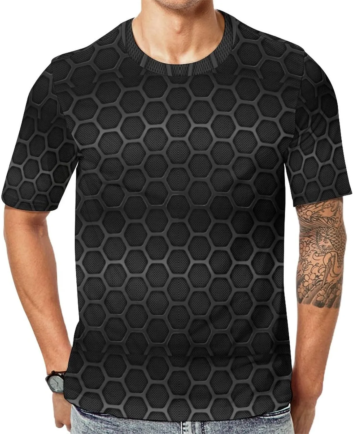 Футболка мужская летняя с коротким рукавом и круглым вырезом, черная, с текстурой шестиугольника FULAOER
Футболка мужская летняя с коротким рукавом и круглым вырезом, черная, с текстурой шестиугольника FULAOER