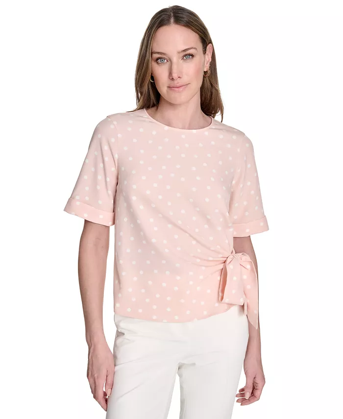 Женский топ с коротким рукавом, завязкой на талии и принтом в горошек Tommy Hilfiger, розовый 
Женский топ с коротким рукавом, завязкой на талии и принтом в горошек Tommy Hilfiger, розовый