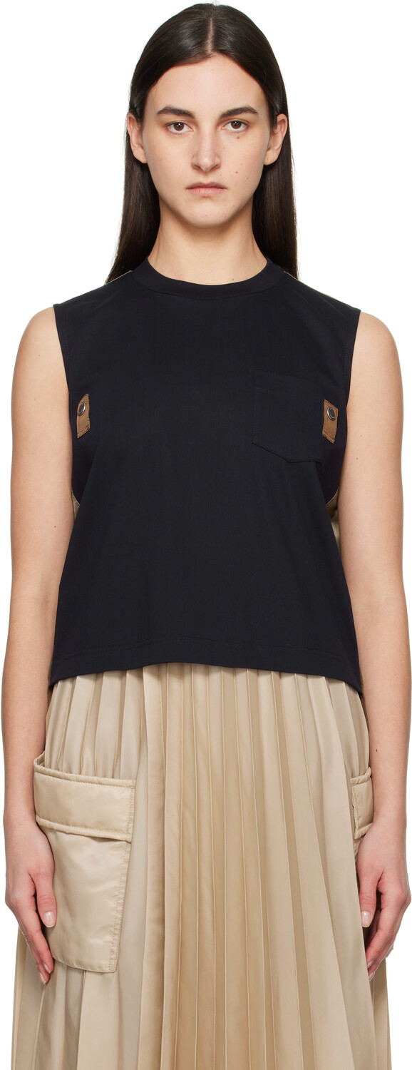 Майка из смеси нейлона и хлопка-джерси с синим и хаки твилом sacai 
Майка из смеси нейлона и хлопка-джерси с синим и хаки твилом sacai