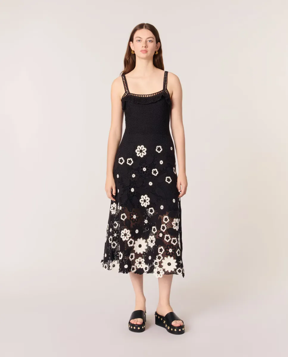 Платье на бретелях с цветочным вязаным узором Maje, черный
Платье на бретелях с цветочным вязаным узором Maje, черный
