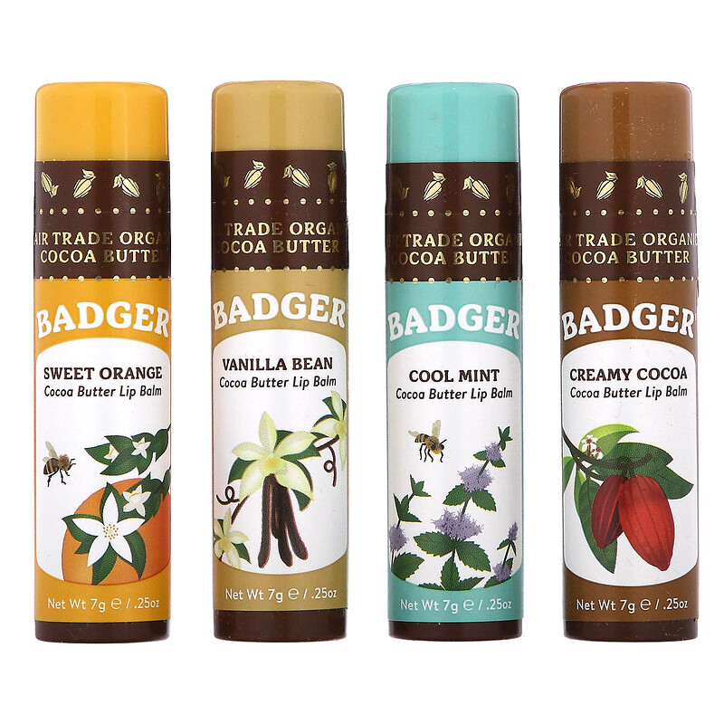 Badger, Organic, набор бальзамов для губ с маслом какао, 4 упаковки по 7 г (0,25 унции)
Badger, Organic, набор бальзамов для губ с маслом какао, 4 упаковки по 7 г (0,25 унции)