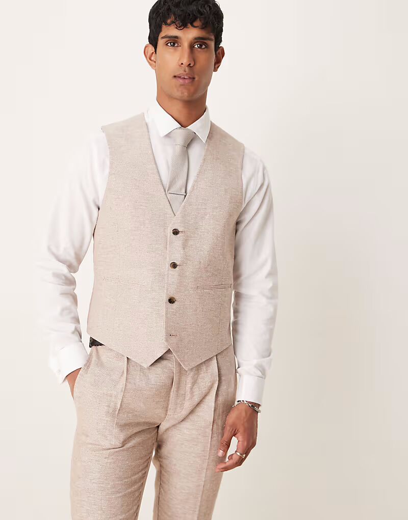 Жилет из льняной и хлопковой смеси с узором «ёлочка» коричневого цвета Asos Design
Жилет из льняной и хлопковой смеси с узором «ёлочка» коричневого цвета Asos Design