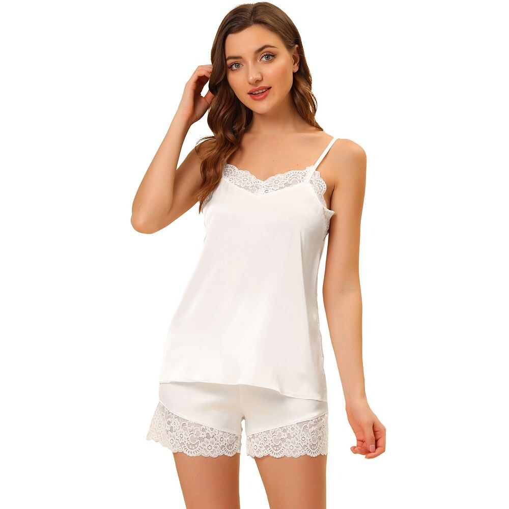 Женское атласное белье, кружевная отделка, топы на бретельках, шорты, пижамные комплекты ALLEGRA K, белый