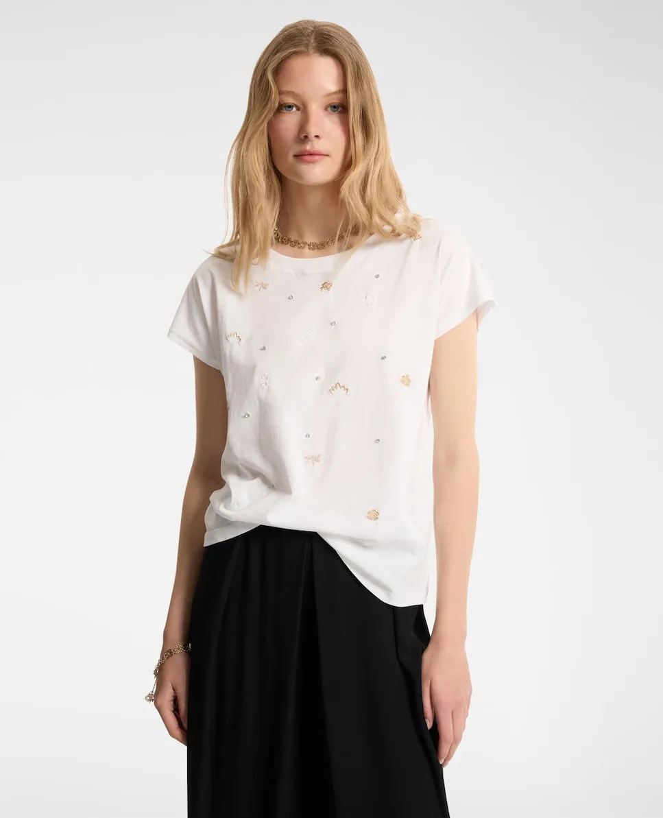 Женская хлопковая футболка с вышивкой и аппликациями Elena Miró, белый 
Женская хлопковая футболка с вышивкой и аппликациями Elena Miró, белый