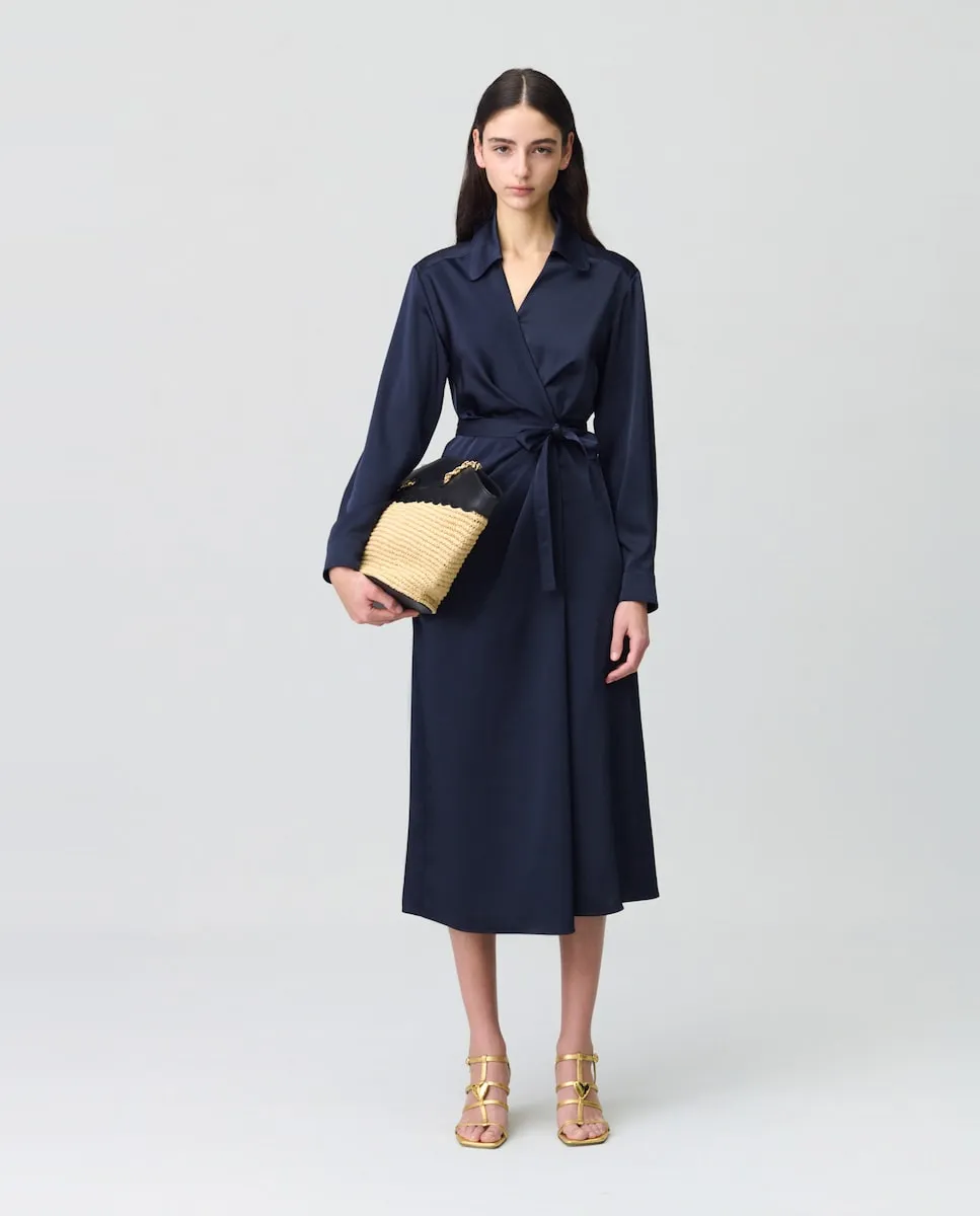 Длинное платье миди с длинными рукавами и запахом Claudie Pierlot, темно-синий 
Длинное платье миди с длинными рукавами и запахом Claudie Pierlot, темно-синий