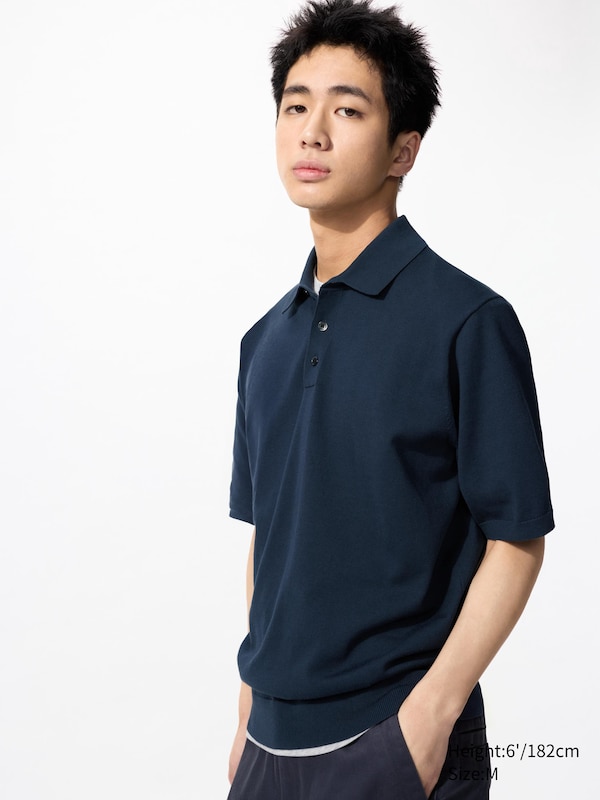 Стирающийся трикотажный джемпер-поло (короткий рукав) Uniqlo, синий 
Стирающийся трикотажный джемпер-поло (короткий рукав) Uniqlo, синий