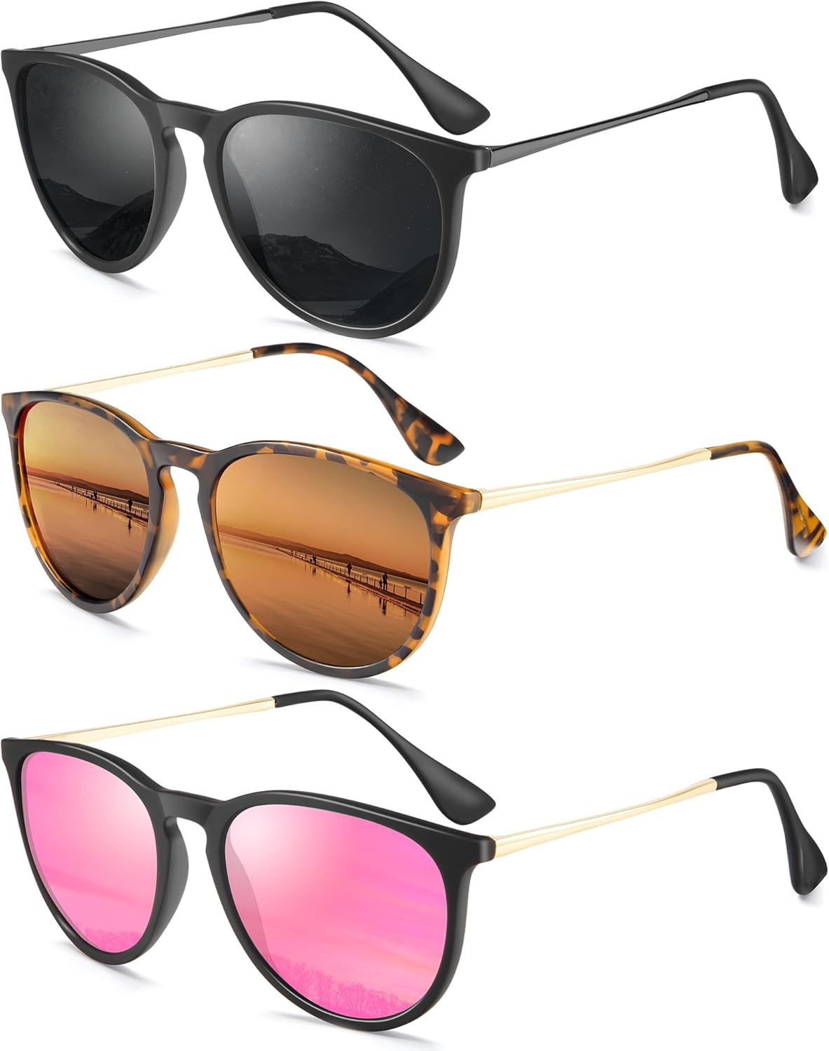 Женские поляризованные солнцезащитные очки: ретро круглые солнцезащитные очки с защитой UV400, модный набор из 3 штук QALLY, Black/Grey + Matt Leopard/Brown + Black/Pink
Женские поляризованные солнцезащитные очки: ретро круглые солнцезащитные очки с защитой UV400, модный набор из 3 штук QALLY, Black/Grey + Matt Leopard/Brown + Black/Pink