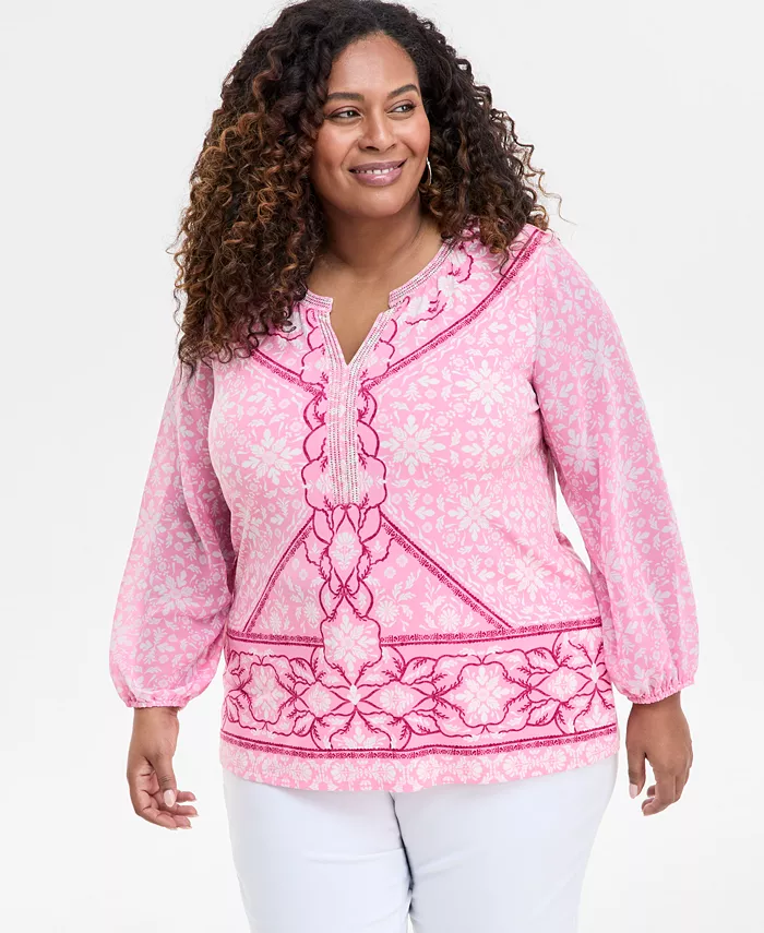 Топ с принтом и декором больших размеров JM Collection, розовый
Топ с принтом и декором больших размеров JM Collection, розовый