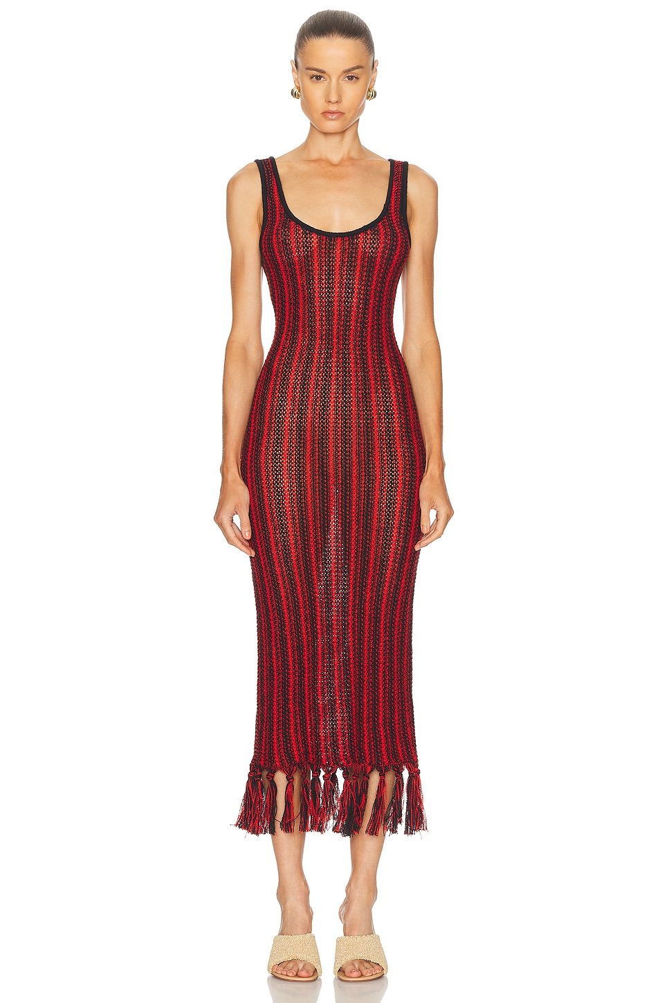Полосатое платье с круглым вырезом и бахромой The Elder Statesman, Black & Tomato
Полосатое платье с круглым вырезом и бахромой The Elder Statesman, Black & Tomato