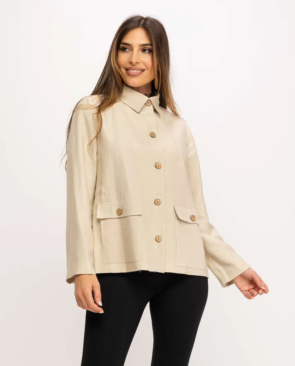 Женская верхняя рубашка с воротником-стойкой и накладными карманами Fsh, бежевый
Женская верхняя рубашка с воротником-стойкой и накладными карманами Fsh, бежевый